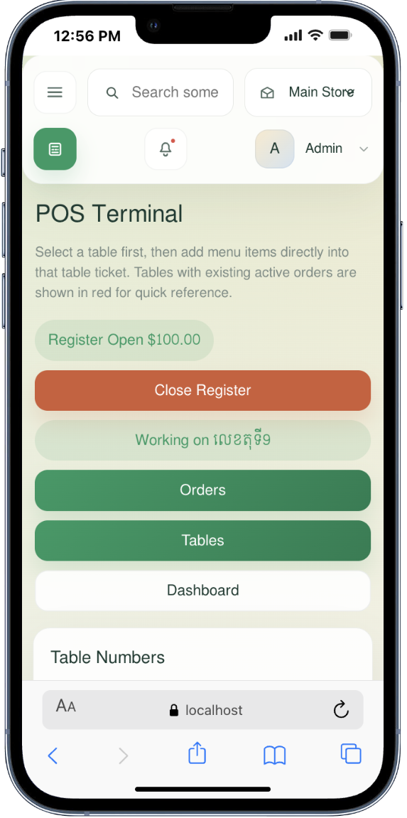 Restaurant POS mobile screen one